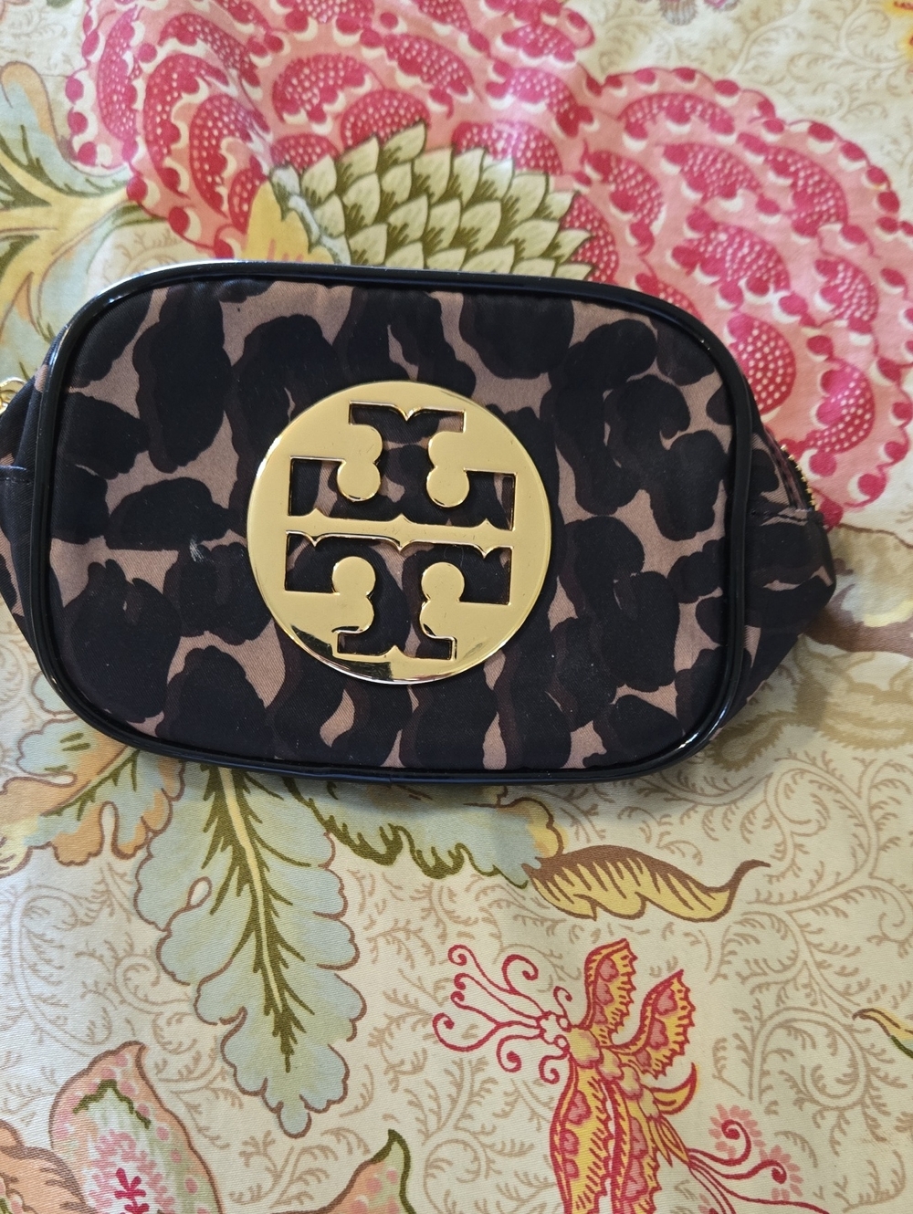 Tory Burch Black and Brown Leopard Logo Small Cosmwtic Case